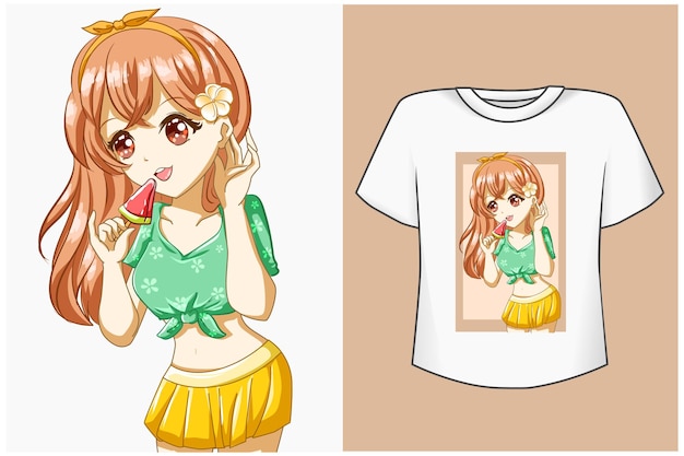 夏の漫画イラストでアイスクリームとtシャツデザインモックアップかわいい女の子