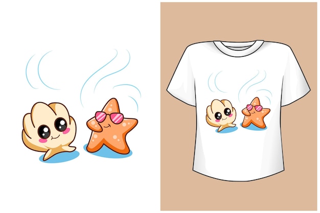 T shirt design mockup simpatiche stelle marine e conchiglie in estate