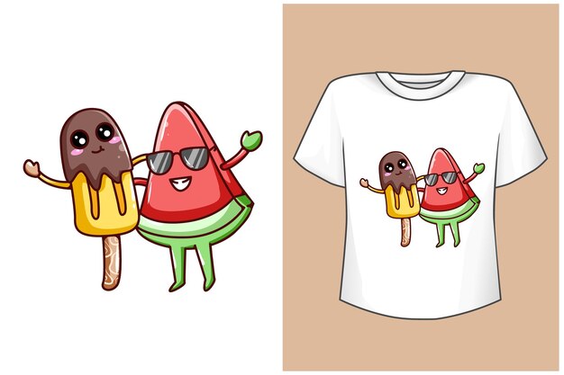 T shirt design mockup cute watermelon and cute ice cream cartoon