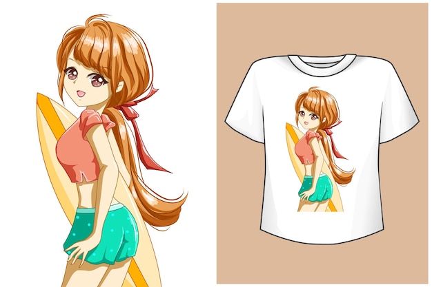 ビーチでTシャツデザインモックアップサーフィンの女の子