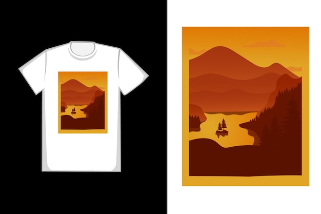 T-shirt design the mountain lake is orange brown