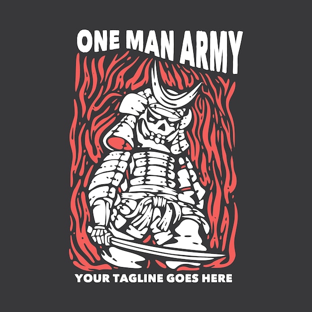 회색 배경 빈티지 삽화가 있는 카타나를 들고 있는 사무라이가 있는 티셔츠 디자인 한 남자 군대