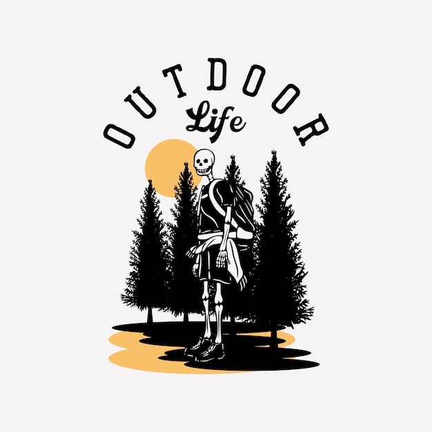 T-shirt design vita all'aperto con illustrazione vintage scheletro escursionismo