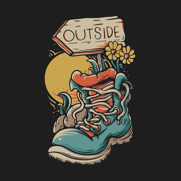 T-shirt design esterno cartello stradale con scarpe da trekking illustrazione d'epoca