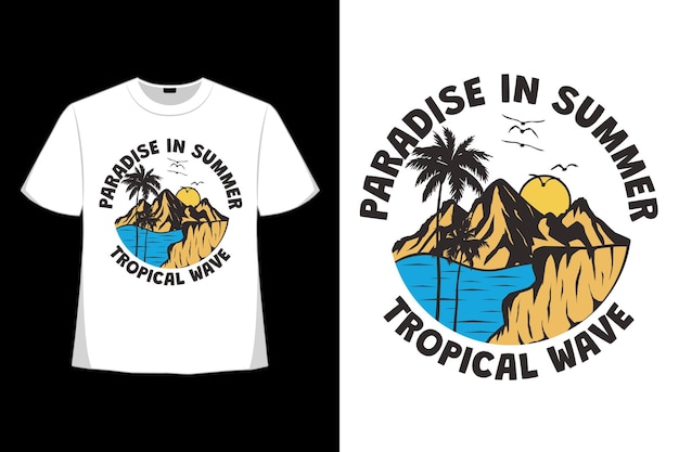 T-shirt design of paradise summer island wave vibes nature hand drawn vintage in retro style