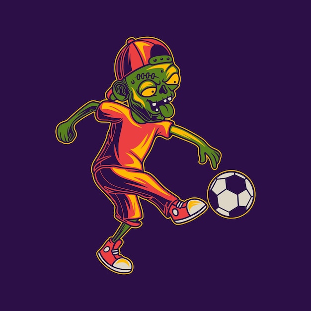 T shirt design playing ball kicking position zombie illustration