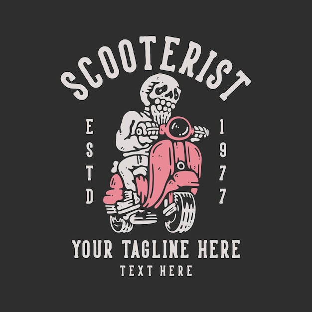 T-shirt design scooterist estd 1977 con scheletro in sella a scooter con sfondo grigio illustrazione vintage