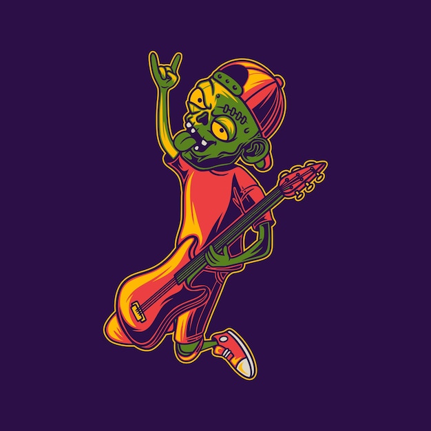 T shirt design side view of zombies playing rock guitar with hands up illustration