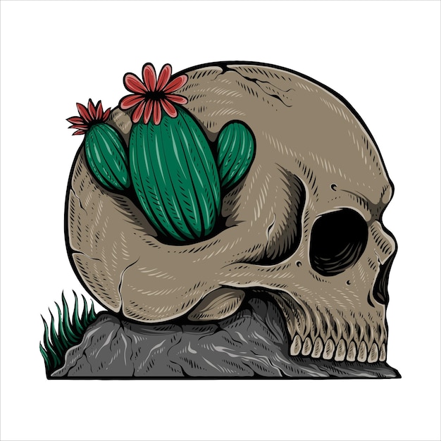 Vettore t-shirt design teschio con illustrazione di cactus