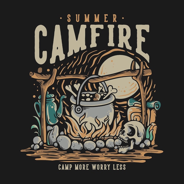 T shirt design summer campfire camp più preoccupazioni meno con il teschio che cucina sul fuoco