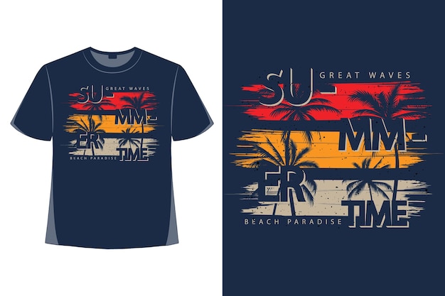 夏の大波ビーチパラダイスタイポグラフィスタイルレトロヴィンテージイラストのTシャツデザイン