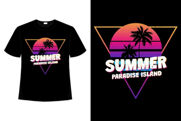 T-shirt design of summer paradise island sunset in retro style