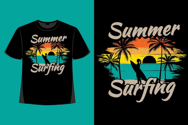 T-shirt design of summer surfing beach sunset retro vintage illustration