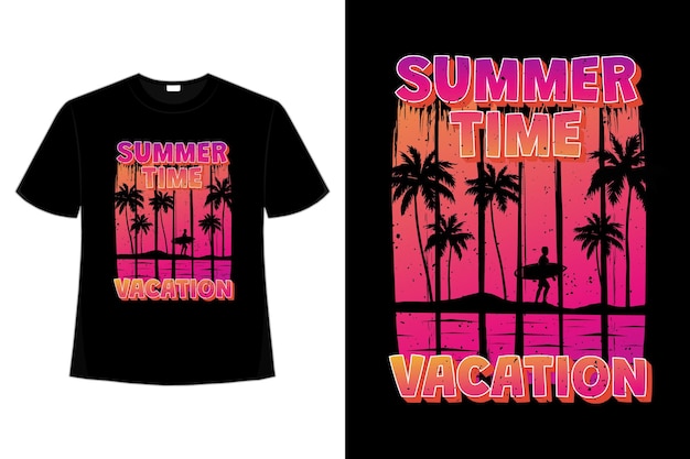 T-shirt design of summer time vacation surf gradient sunset vintage in retro style