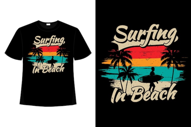 T-shirt design of surfing beach palm color vintage retro flat illustration