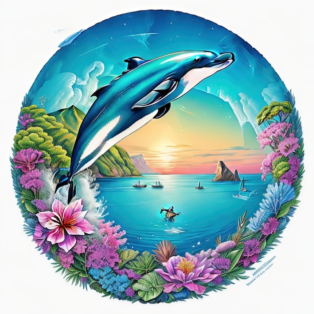 Vector t shirt design vector illustration colorful shape mountain space sea dolphin with flowers