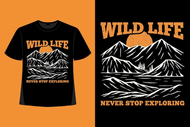 T-shirt design della vita selvaggia che esplora l'illustrazione vintage disegnata a mano di montagna
