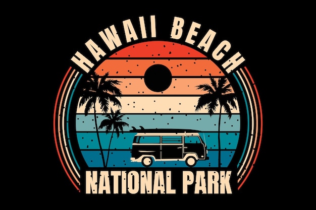 복고 스타일의 실루엣 하와이 해변 국가 일몰 티셔츠 디자인