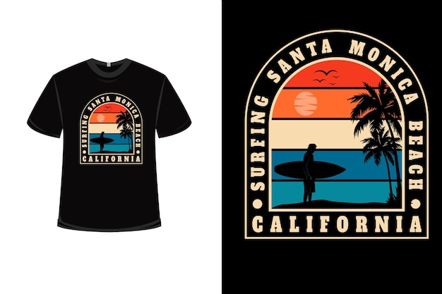 T-shirt design con surf santa monica beach california in arancione crema e blu