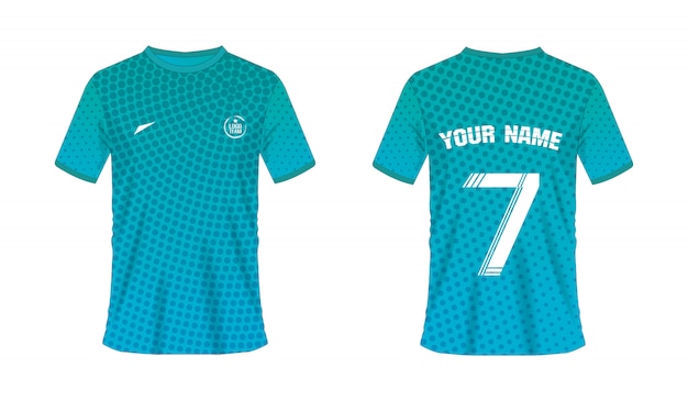 ハーフトーンテクスチャ上のチームクラブのtシャツの緑と青のサッカーまたはフットボールのテンプレート