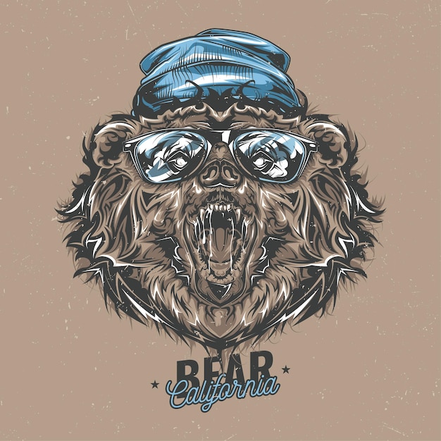 Vector t-shirt label design with illustration of hipster style bear in a hat and glasses