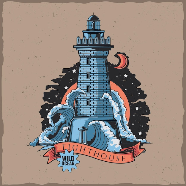 T-shirt label design with illustration of old lighthouse.