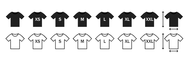 T-shirt maat XS, S, M, L, XL en XXL vector icon set