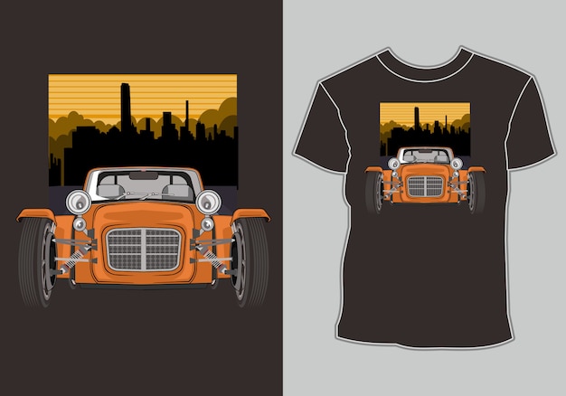 Vector t-shirt met artwork klassieke, vintage, retro auto in de stad