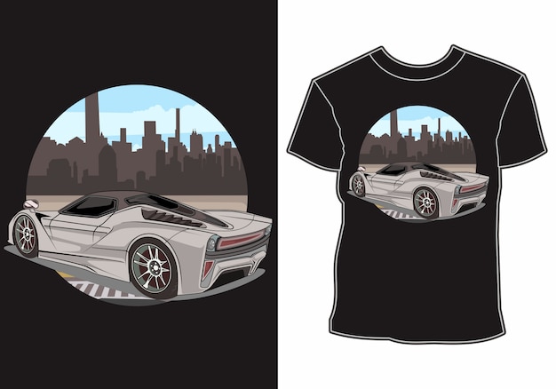 T-shirt met autothema, sportraceauto's aan de rand van de stad