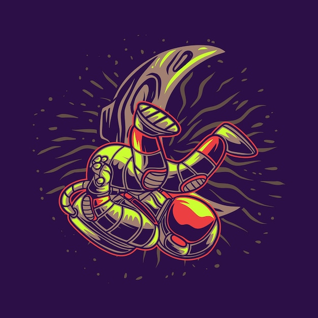 T-shirt ontwerp astronaut met een maan achtergrond breakdance illustratie