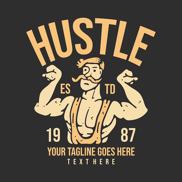 Vector t shirt ontwerp drukte y bouwer doen biceps pose met grijze achtergrond vintage illustratie