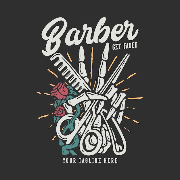 T-shirt ontwerp kapper vervaagd met schedel hand met een schaar en kam met grijze achtergrond vintage illustratie