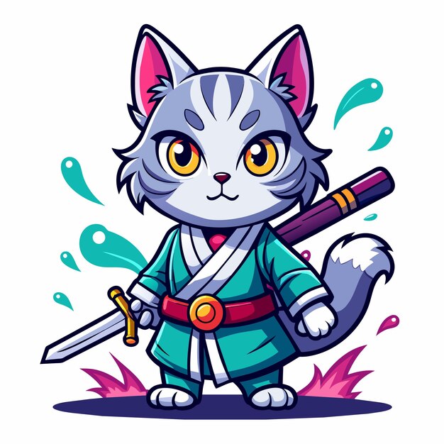 T-shirt ontwerp samurai kat schattig en gotisch met splash op de achtergrond