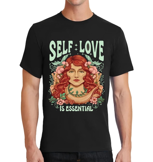 T-shirt ontwerp Self Love Een vrouw met rood haar en bloemen ai gegenereerd