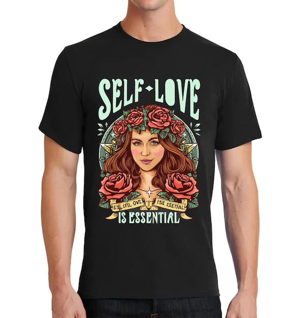 T-shirt ontwerp Self Love Een vrouw met rood haar en bloemen ai gegenereerd