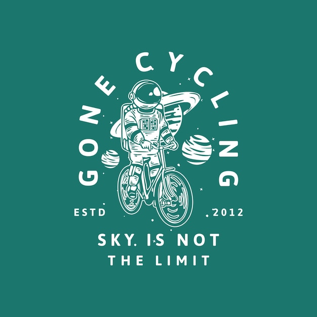 Vector t-shirt ontwerp verdwenen fietsen hemel is niet de limiet estd 2012 met astronaut rijden fiets vintage illustratie