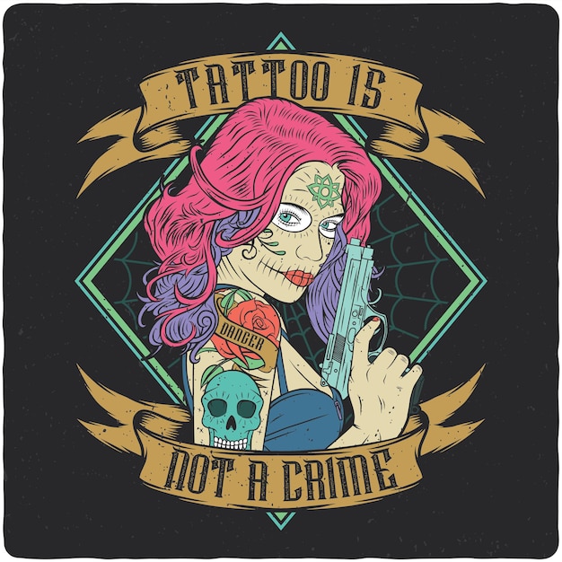 권총을 든 문신을 한 귀여운 소녀의 삽화가 있는 티셔츠 또는 포스터 디자인.