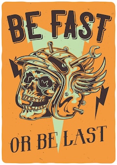 T-shirt o poster con illustrazione del cranio al casco del motociclo danneggiato