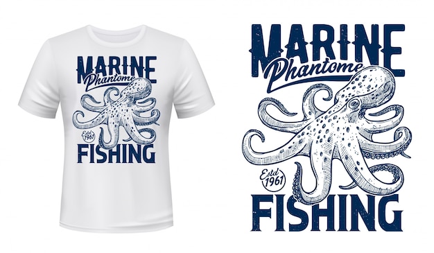 Stampa t-shirt, mazza da pesca marina, polpo oceanico