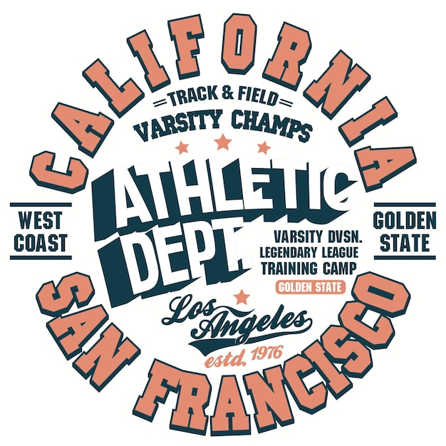 벡터 티셔츠 프린트, 셔츠 그래픽 디자인. 캘리포니아 운동복 스탬프입니다. 스포츠 티 타이포그래피 엠블럼. 벡터