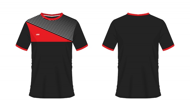 白い背景の上のチームクラブのtシャツの赤と黒のサッカーまたはフットボールのテンプレート。ジャージースポーツ、