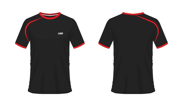 T-shirt rossa e nera di calcio o modello di calcio per club di squadra su sfondo bianco. maglia sportiva.