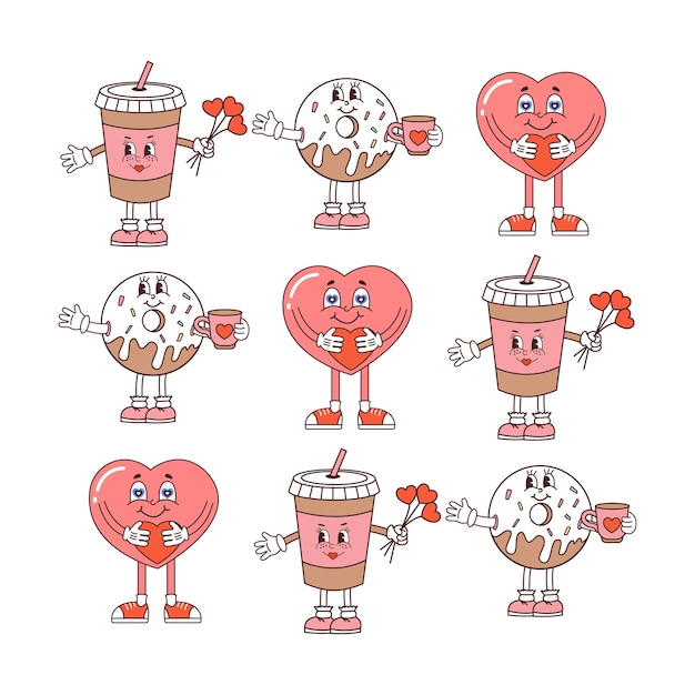 T-SHIRT. Retro groovy lovely hearts stickers in trendy retro 60s 70s cartoon style. Love concept.