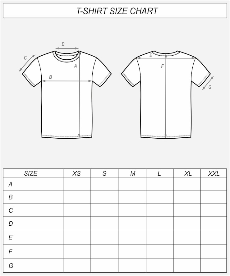 Vector t shirt size chart front back vector technical sketch clothing measurements men cad mockup