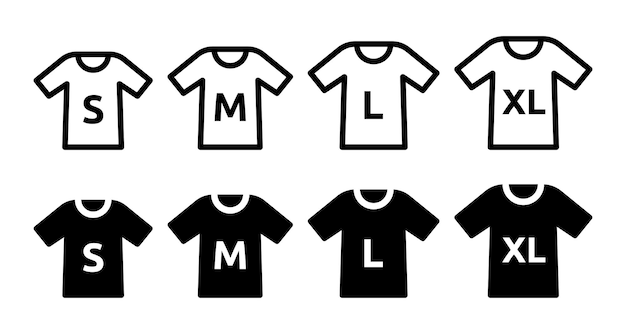 Tシャツサイズベクトルアイコンセット。 S、M、L、XLの服のシンボルのイラスト。