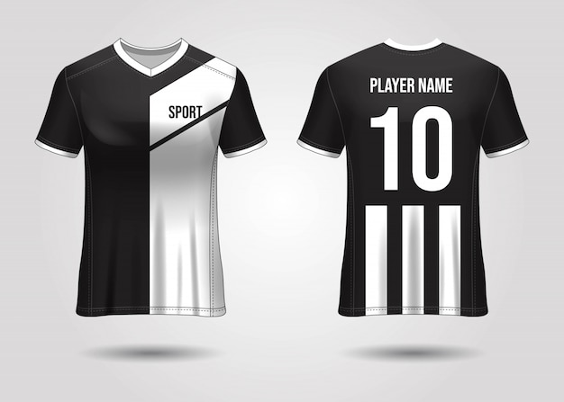 Tシャツスポーツデザイン。サッカークラブのサッカージャージーモックアップ。均一な正面図と背面図。テンプレートデザイン。現実的なテンプレートジャージ