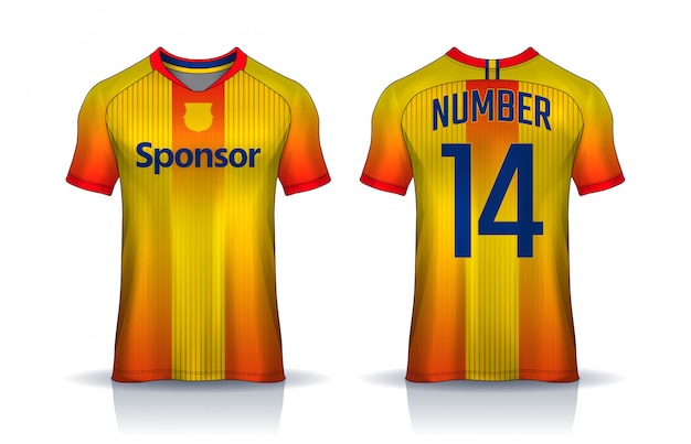 T-shirt modello di design sportivo, maglia da calcio per la squadra di calcio. vista frontale e posteriore uniforme.