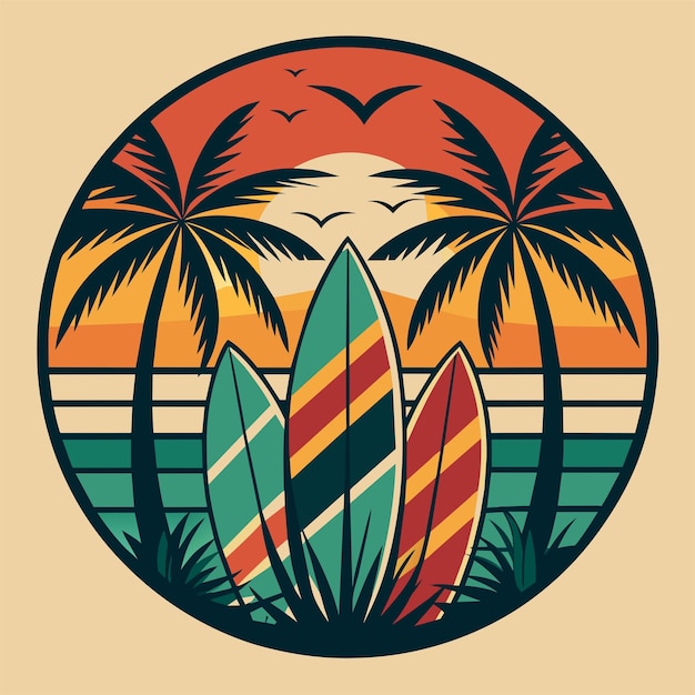 T-shirt Sticker met een retro-geïnspireerd ontwerp met vintage surfboards en palmbomen