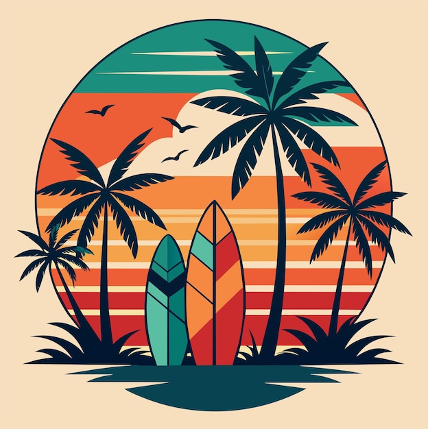 T-shirt Sticker met een retro-geïnspireerd ontwerp met vintage surfboards en palmbomen