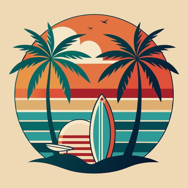 T-shirt Sticker met een retro-geïnspireerd ontwerp met vintage surfboards en palmbomen